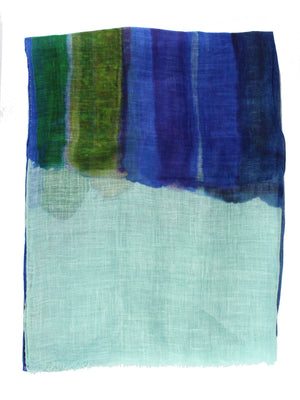 Kiton Scarf Aqua Green Royal Blue Water Colors - Linen Shawl