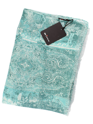 Kiton Scarf Aqua Turquoise Patch Design - Linen Silk Shawl SALE