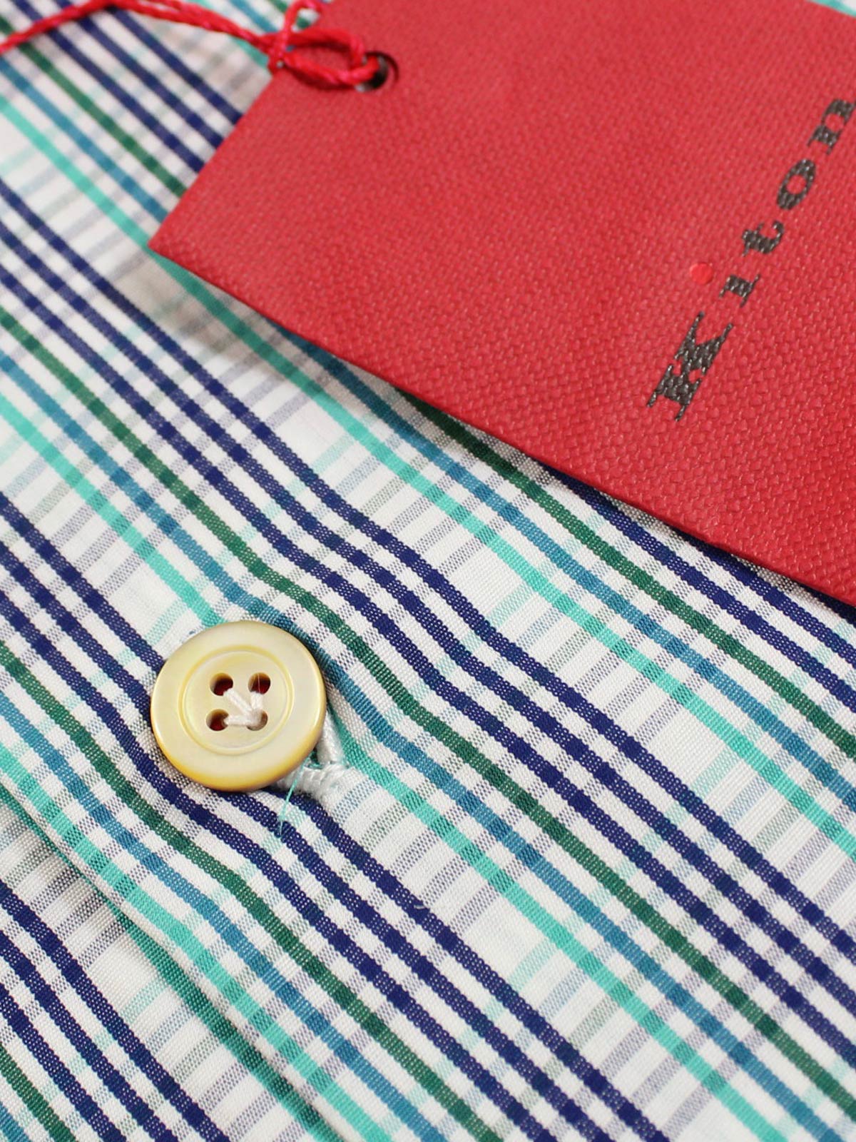 Kiton LONG SLEEVE Shirt White Turquoise Green Navy Check