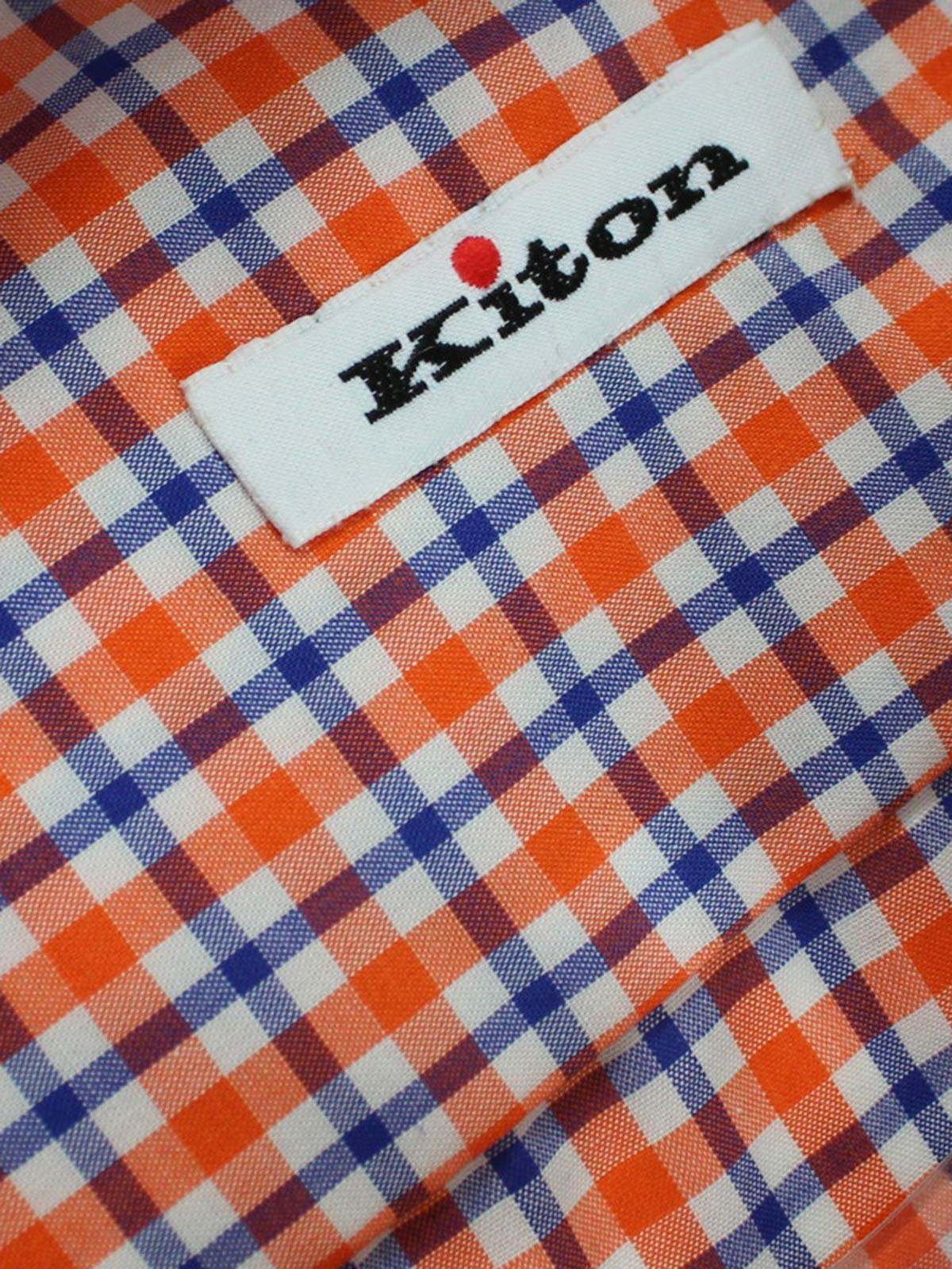 Kiton Short Sleeve Shirt White Orange Royal Blue Check 37