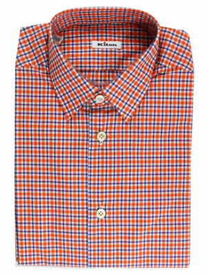 Kiton Short Sleeve Shirt White Orange Royal Blue Check