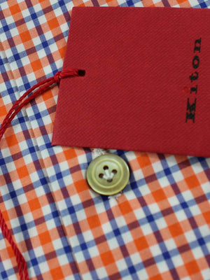 Kiton Short Sleeve Shirt White Orange Royal Blue Check 37 - 14 1/2 SALE