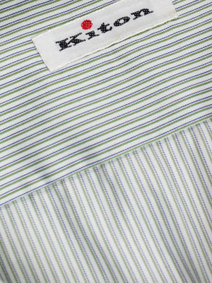 Kiton Dress Shirt White Green Navy Stripes 38 - 15