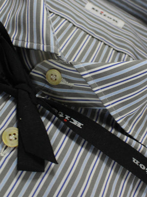 Kiton Dress Shirt White Gray Royal Blue Stripes 44 - 17 1/2