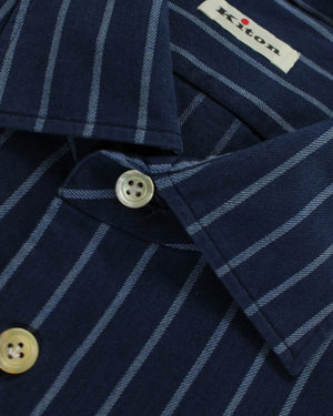 Kiton Shirt Dark Blue Stripes - Flannel Cotton 42 - 16 1/2