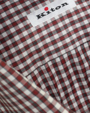Kiton Dress Shirt White Maroon Gray Gingham Check 40 - 15 3/4