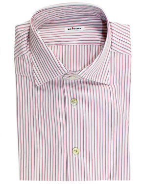 Kiton Dress Shirt White Pink Purple Stripes 42 - 16 1/2