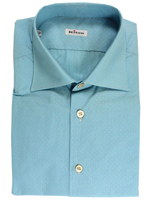 Kiton Dress Shirt Blue White Geometric Spread Collar