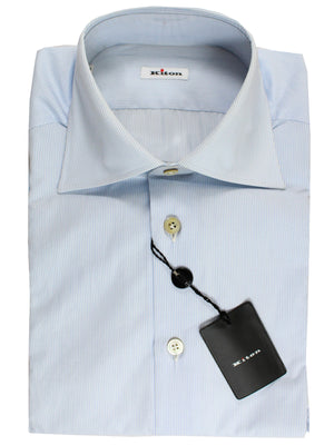 Kiton Dress Shirt White Blue Stripes Spread Collar 
