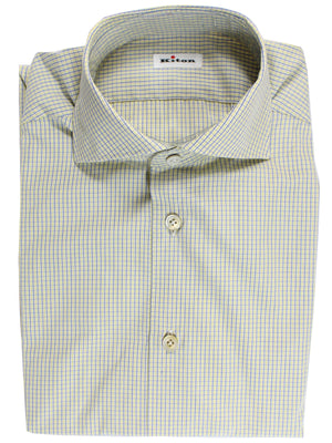 Kiton Dress Shirt White Lime Navy Check Spread Collar