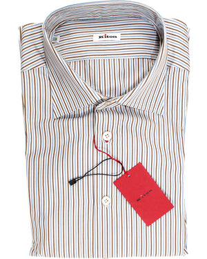 Kiton Dress Shirt White Brown Blue Stripes 44 - 17.5