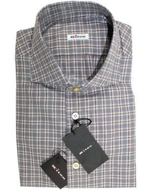 Kiton Dress Shirt Brown Gray Gingham 44 - 17.5