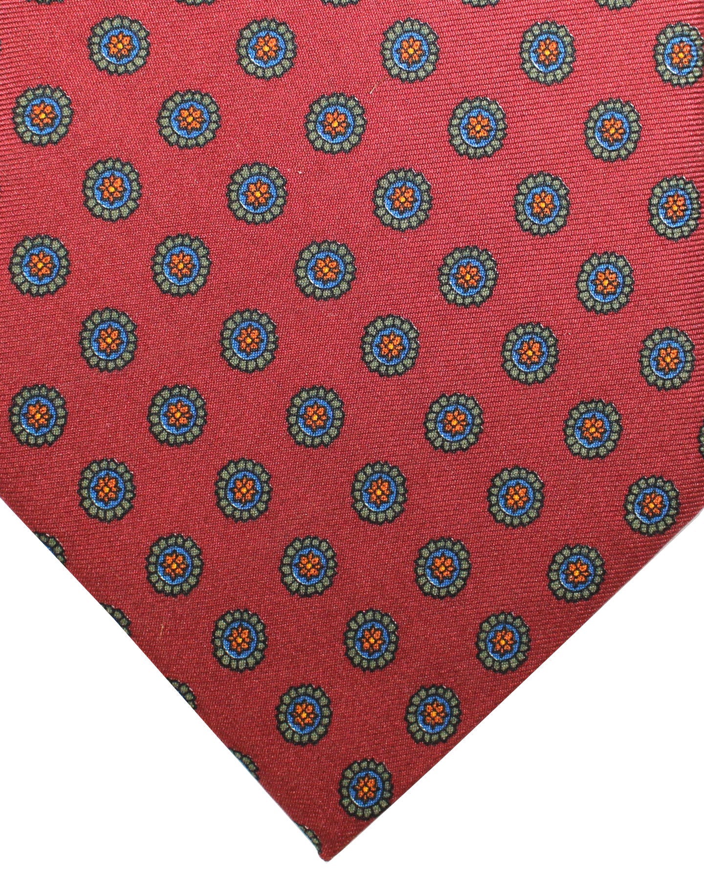 E. Marinella Tie Maroon Brown Green Medallions Design - Wide Necktie