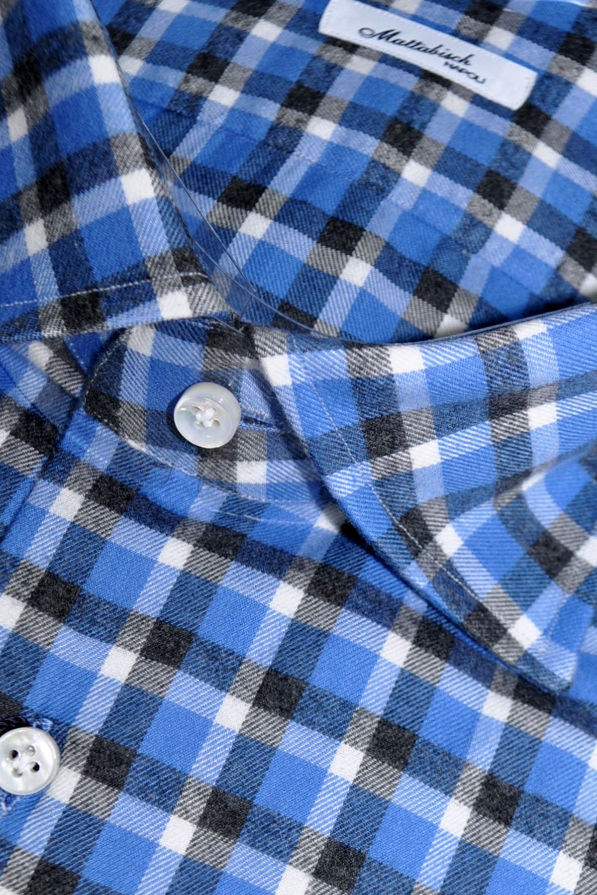 Mattabisch Sport Shirt Blue Gray Plaid Check - Flannel Cotton 