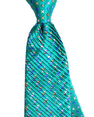 Vitaliano Pancaldi Pleated Silk Tie Turquoise Mini Flowers