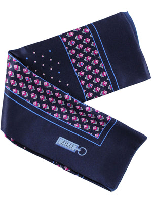 Zilli Silk Pocket Square Dark Navy Fuchsia Pink Geometric Design
