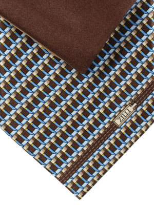 Zilli Silk Tie & Pocket Square Set Brown Blue Geometric