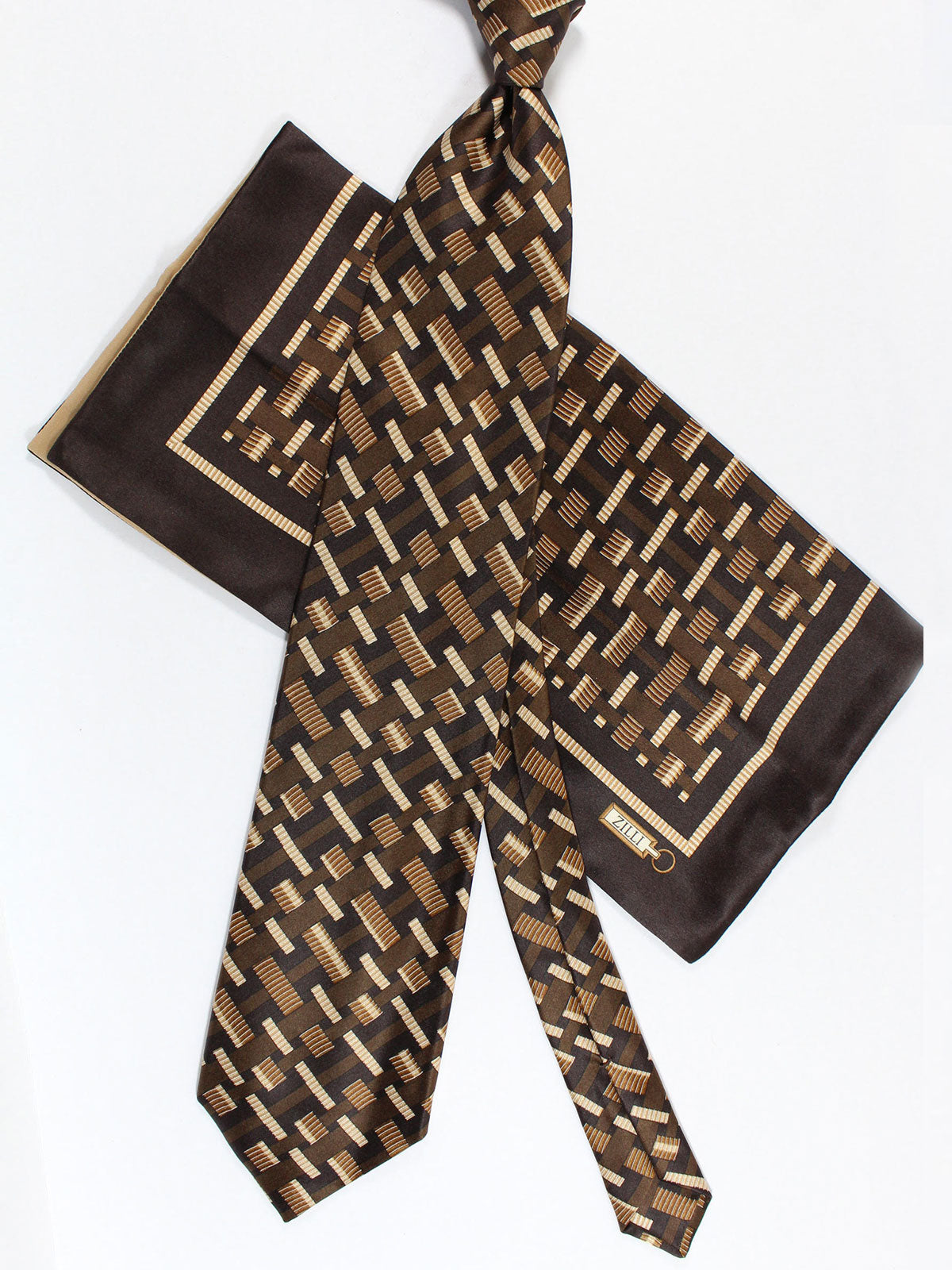 Zilli Silk Tie & Matching Pocket Square Set Brown Geometric