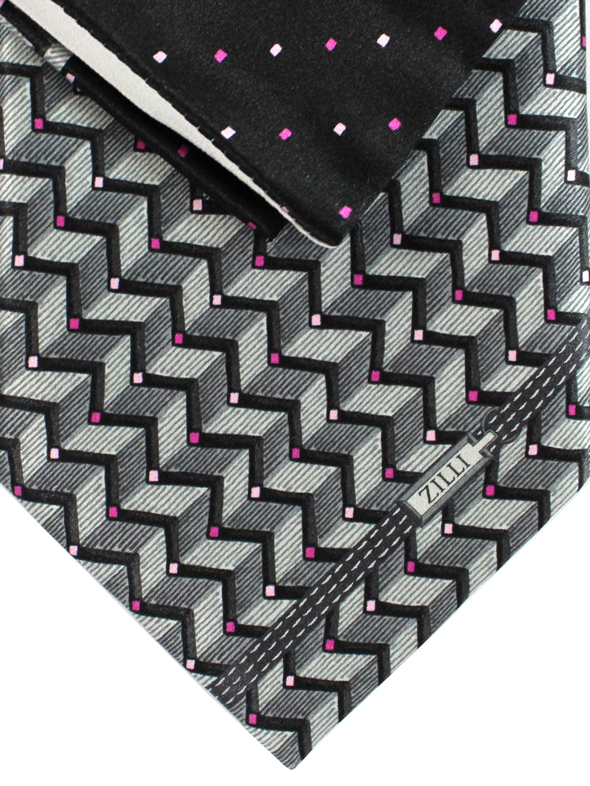 Zilli Silk Tie & Matching Pocket Square Set Gray Pink Geometric