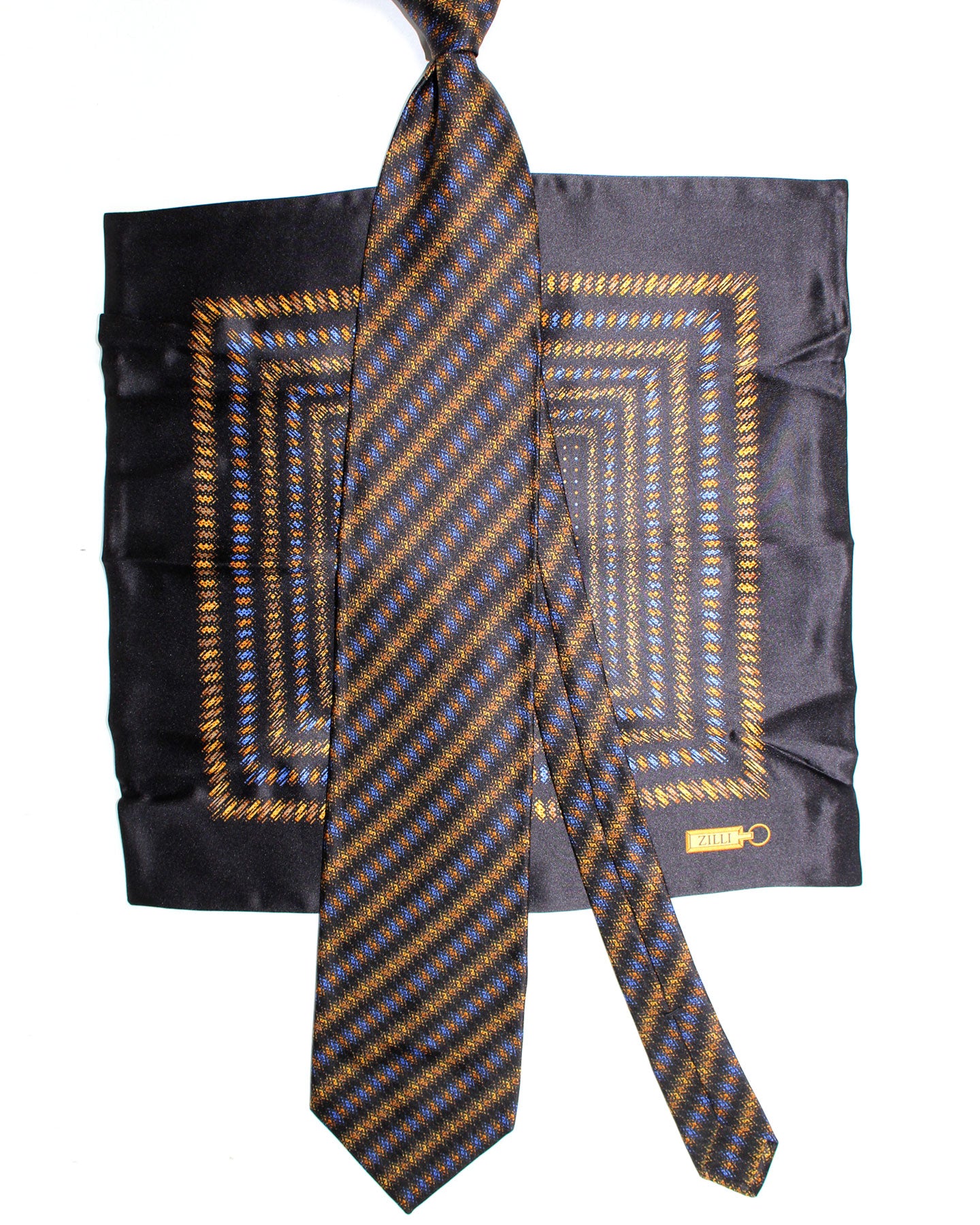 Zilli Silk Tie & Matching Pocket Square Set Black Bronze Blue Geometric
