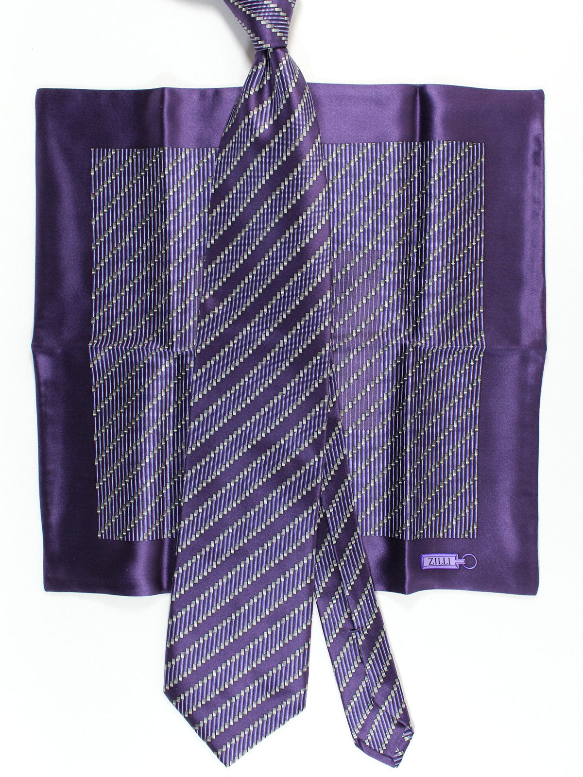 Zilli Silk Tie & Matching Pocket Square Set Purple Silver Stripes