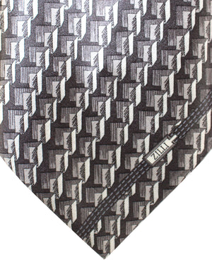 Zilli Silk Tie Black Gray Silver Geometric Design - Wide Necktie