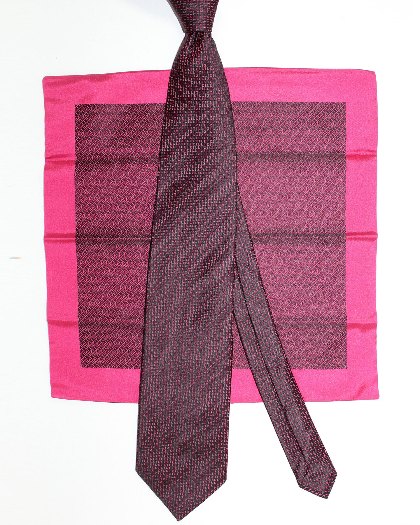 Zilli Silk Tie & Matching Pocket Square Set Black Cranberry Pink Logo