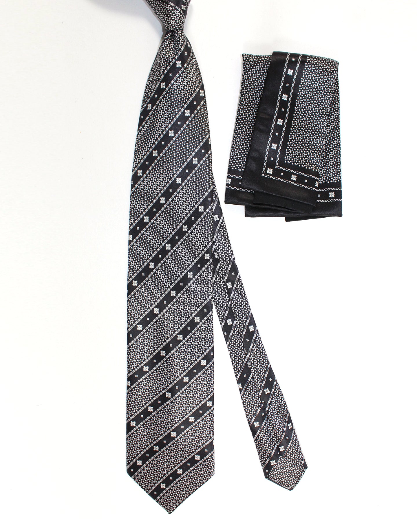Zilli Silk Tie & Matching Pocket Square Set Black Silver Stripes