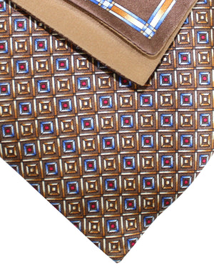 Zilli Silk Tie & Matching Pocket Square Set Brown Blue Geometric