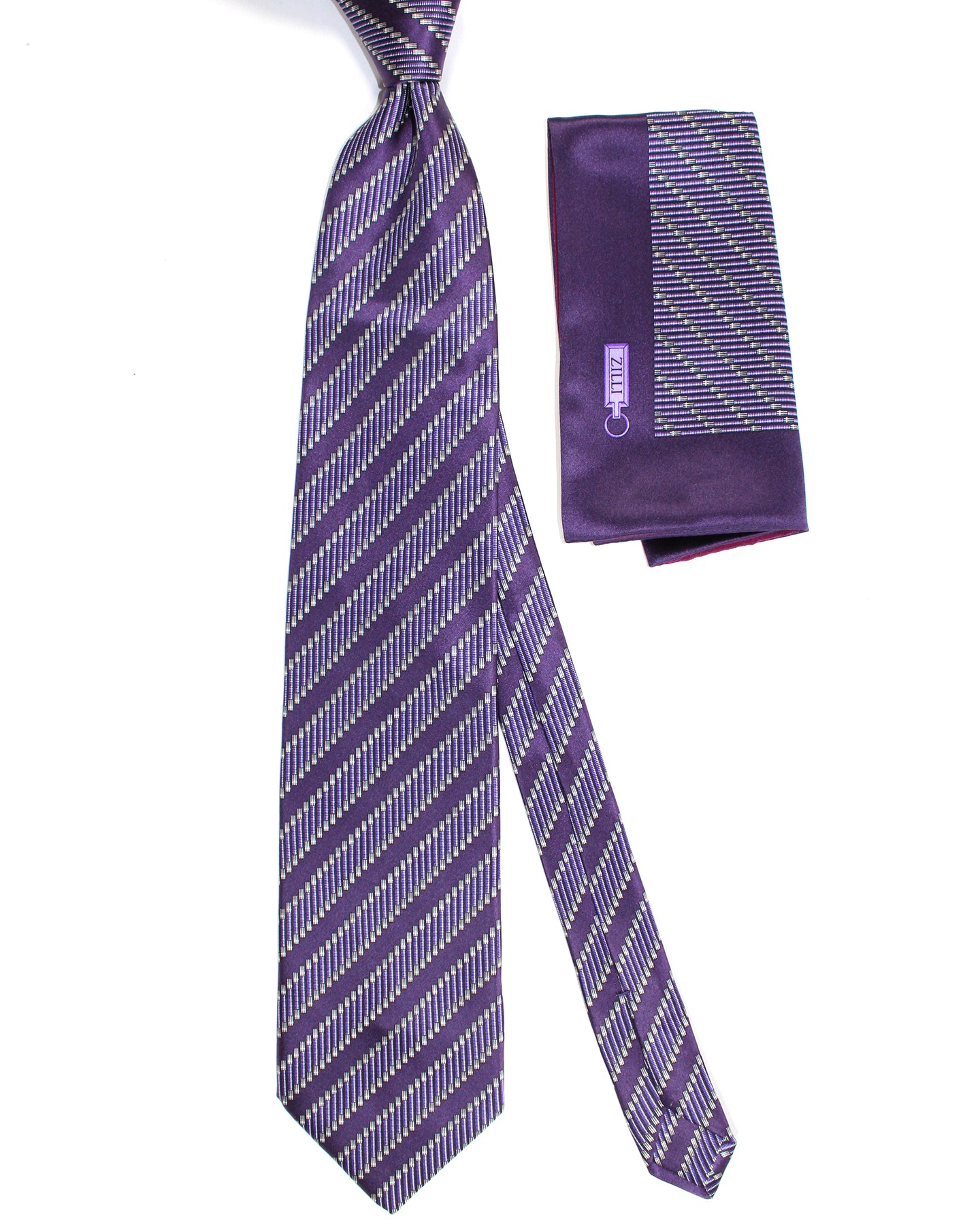 Zilli Silk Tie & Matching Pocket Square Set Purple Stripes