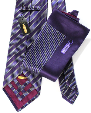 Zilli Tie & Matching Pocket Square Set Purple Stripes